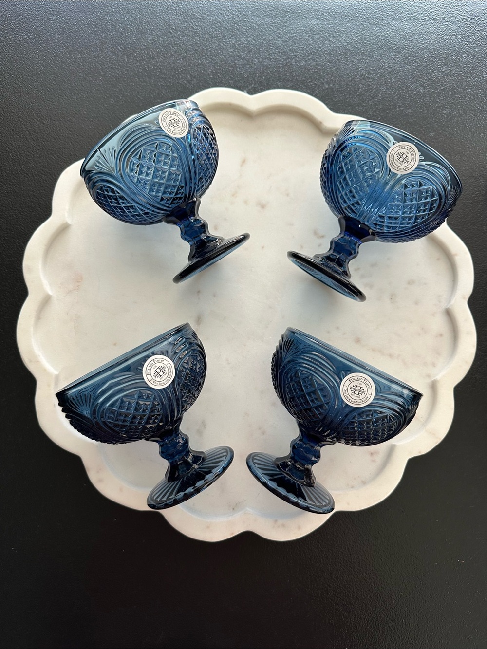 Fitz and Floyd Deep Blue Pressed Glass Goblets - Set of 4